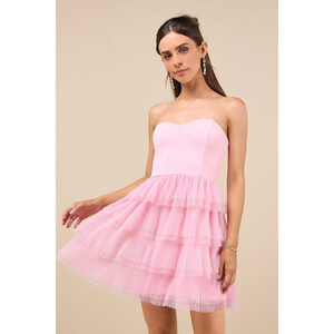 Lulus Fabulous Thoughts Light Pink Tulle Strapless Tiered Mini Dress - Size XL
